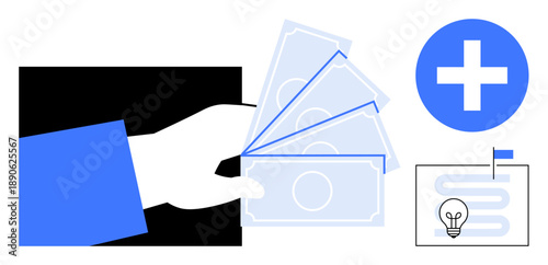 Financial concept. Financial symbols including a hand holding currency note, strategic planning imagery, and a medical cross icon. Financial tools for investment and achieving goals. For banking