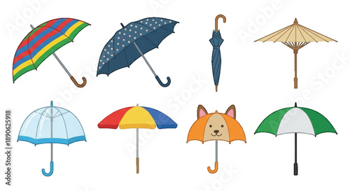 A vibrant assortment of various umbrellas, featuring diverse designs, patterns, and colors, providing stylish protection from rain and sun for any weather condition