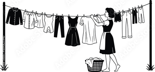 Woman hanging clothes on a line with a basket clothesline laundry