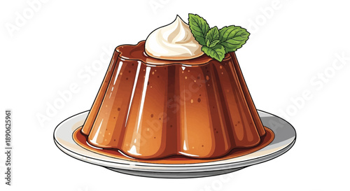 Delicious Caramel Jelly Pudding with Whipped Cream and Fresh Mint Garnish