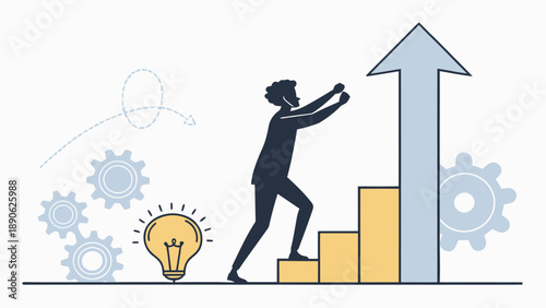 Innovative Progress: Person Climbing a Rising Bar Chart with Lightbulb and Gears, Symbolizing Idea Development, Innovation, and Business Growth.