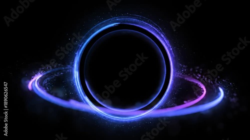 Glowing swirling vortex of vibrant light trails in blue, purple and pink color on a dark background. Concept of big data, block chain and digital technology. Template with free copy space for text.