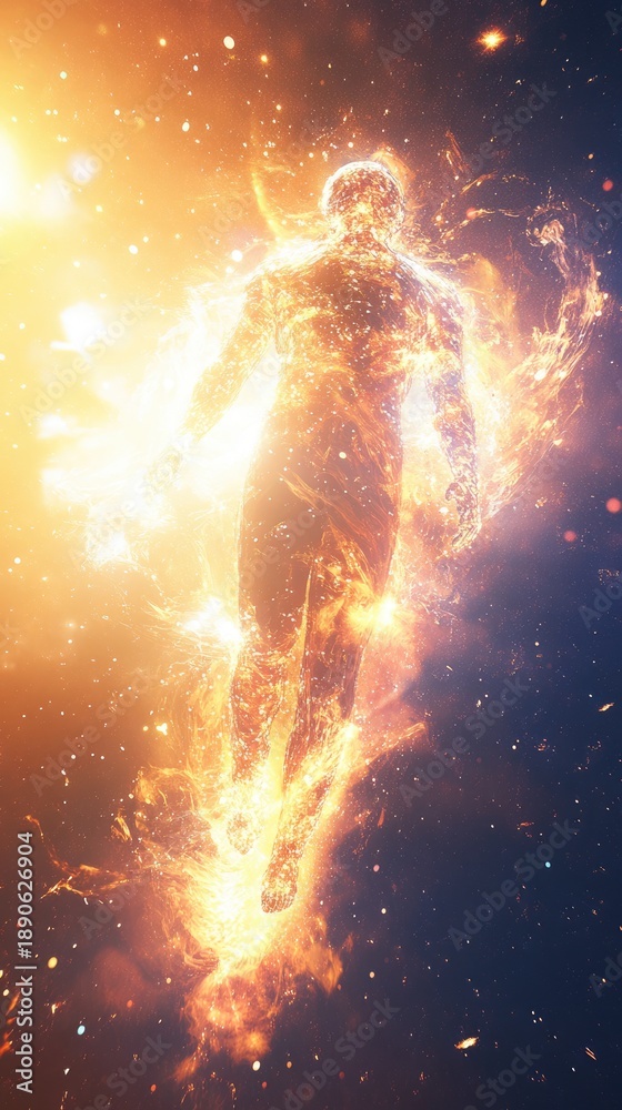 Fototapeta premium Fiery Cosmic Human Silhouette Emerging from Explosion of Light and Energy