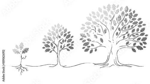 繊細な線画とテクスチャで描かれた、種から大樹への成長プロセスです。きらきらと輝く葉や根が、着実な進歩と将来の繁栄を象徴しています。ビジネスの成功や資産形成、人生の発展を表現する資料に、上品な希望のイメージを添えます。