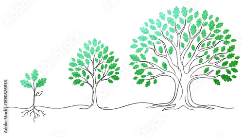 繊細な線画とテクスチャで描かれた、種から大樹への成長プロセスです。きらきらと輝く葉や根が、着実な進歩と将来の繁栄を象徴しています。ビジネスの成功や資産形成、人生の発展を表現する資料に、上品な希望のイメージを添えます。