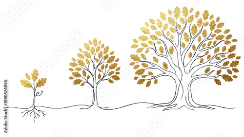 繊細な線画と金色のテクスチャで描かれた、種から大樹への成長プロセスです。きらきらと輝く葉や根が、着実な進歩と将来の繁栄を象徴しています。ビジネスの成功や資産形成、人生の発展を表現する資料に、上品な希望のイメージを添えます。