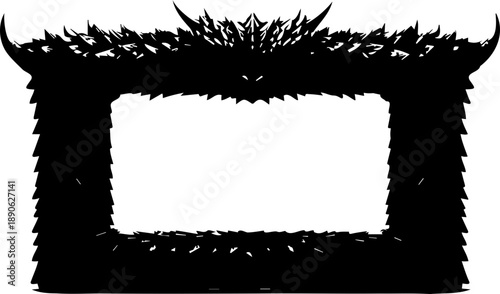 A black silhouette frame with a monster design and sharp teeth on a white background