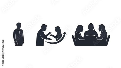 Social Interaction, Communication, Group Dynamics, Discussion, Office, Illustration, Modern Environment