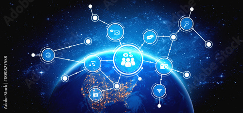 Wallpaper Mural This image depicts a futuristic digital network concept featuring social media icons connected over a stylized Earth. It symbolizes modern communication technology. Tessel Torontodigital.ca