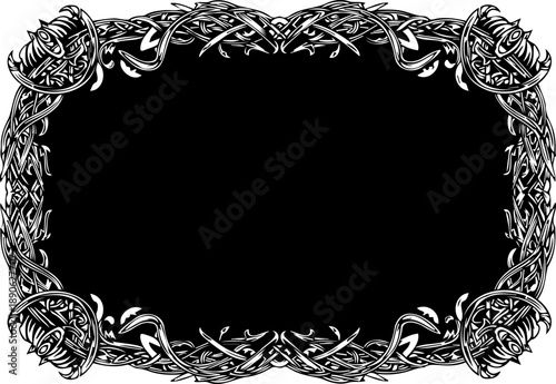 A black and white Celtic knotwork border design with a rectangular frame and floral patterns