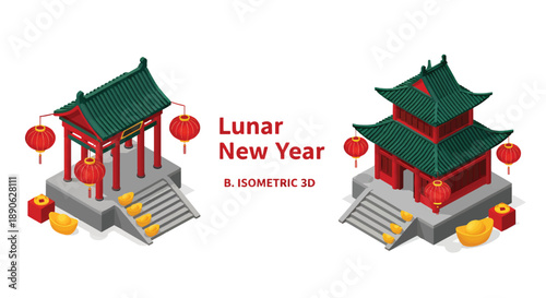 Isometric 3D Chinese Lunar New Year Scene.