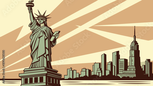 New york skyline and statue of liberty symbolize freedom. Suitable for travel, tourism, patriotism, and new york citythemed designs.