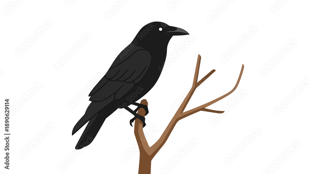 Fototapeta premium Black Crow Perched on Bare Branch Vector Illustration, Minimalist Style Graphic for Nature and Mystery Themes
