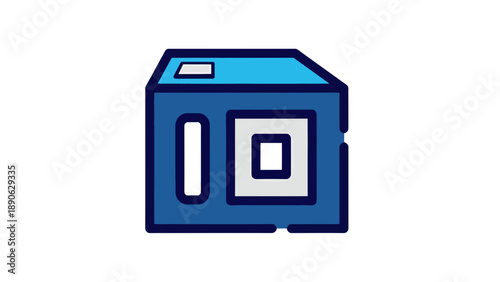 Blue 3D Cube Icon with Square Display and Vertical Slot, Isolated Graphic Resource for Technology and Data Visualization Concepts