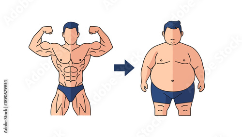 Body Transformation Vector Illustration: From Overweight to Muscular Man, Health and Fitness Journey Concept, Diet and Exercise Results