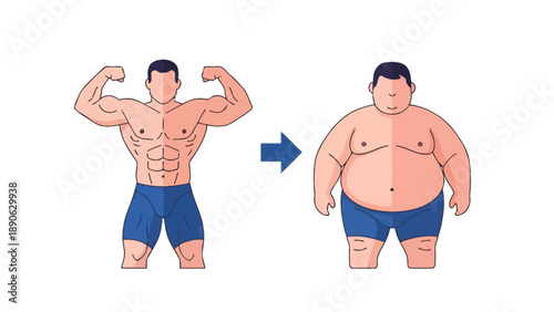 Body Transformation Vector Illustration: From Muscular Fit Man to Overweight Person, Showing Health Change and Weight Loss Journey Concept