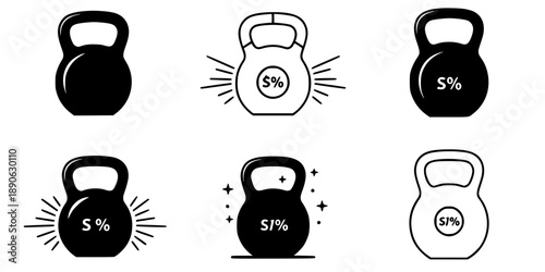 Kettlebell icon. Sports equipment: black silhouette, outline lines, and dashed line. Five style variations. Vector illustration.
