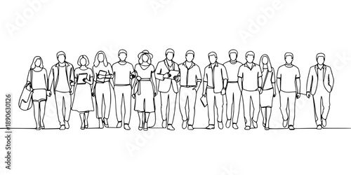 Group of people in one line art style. People drawing with editable black stroke on white background. Vector illustration.
