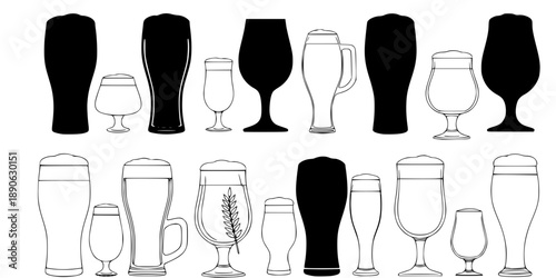 Set of black silhouettes and outlines of beer glasses. Vector illustration.
