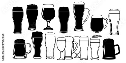 Set of black silhouettes and outlines of beer glasses. Vector illustration.
