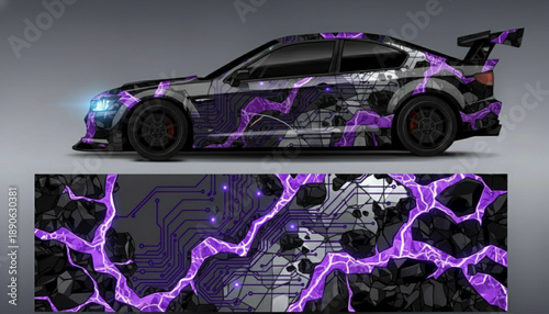 A black sports car with a vibrant purple lightning and circuit board graphic decal design, showcasing custom automotive styling.