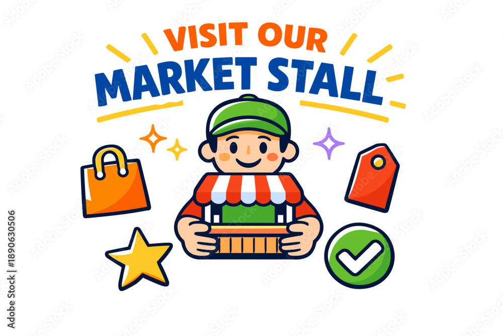 Fototapeta premium Cartoon male vendor promoting market stall with shopping icons and bright colors