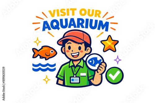 Young male cartoon aquarium guide with fish, star, waves, and checkmark