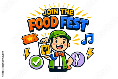 Animated flyer for food fest with excited male character holding ticket and favorite dishes