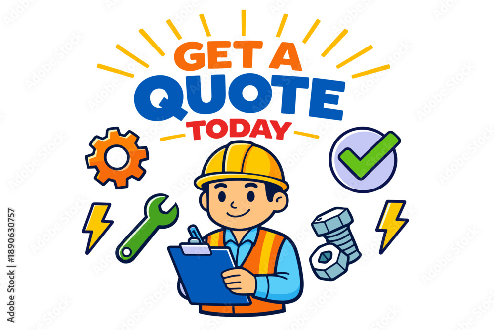 Fototapeta premium Cartoon construction worker with tools promoting quote request