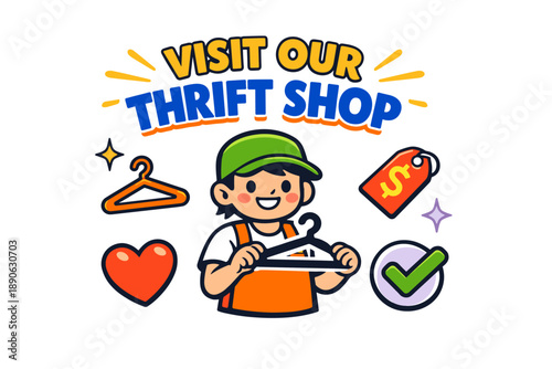 Young male promoting thrift shop with clothing hanger and shopping icons