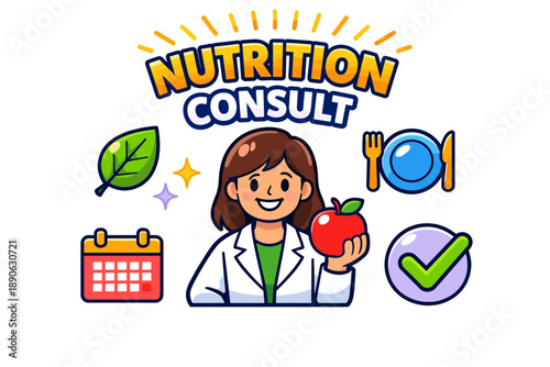 Female nutritionist consultation with healthy food icons and calendar