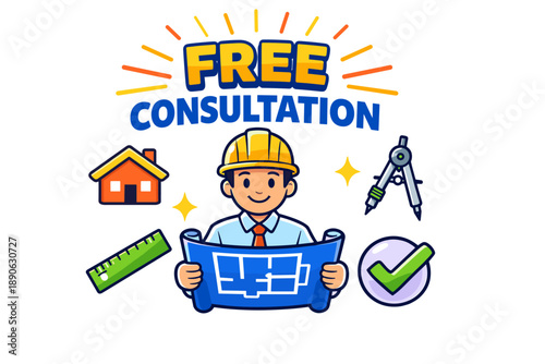 Young male architect offering free consultation with blueprints and tools