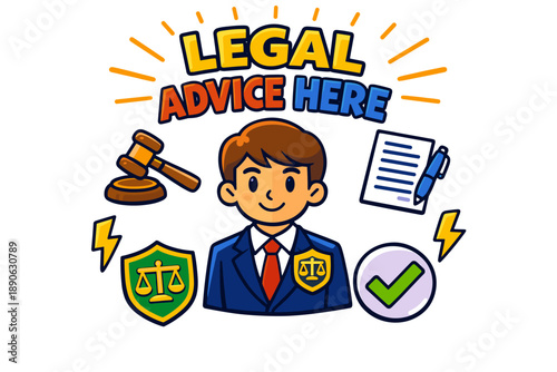 Legal advice illustration with cartoon male lawyer and justice symbols