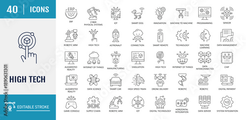 High Tech icon set. Innovation Related Vector Line Icons. Outline Icon Collection. Vector illustration with editable strokes