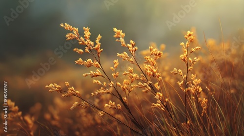 Golden Hour Wild Grass Glowing in Field with Warm Sunset Bokeh