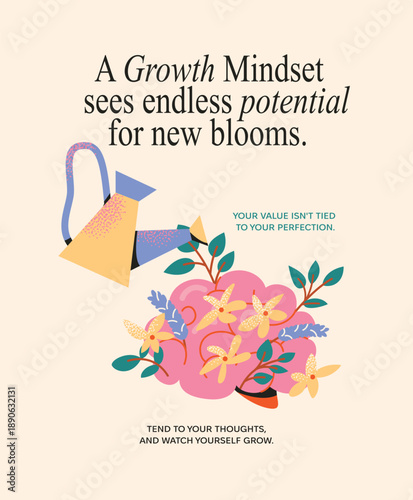 Growth Mindset Vector Poster with Watering Can and Brain Flowers, Inspirational Quote About Potential, Mental Health Self-Care, Personal Development, Psychological Wellness, and Lifelong Learning