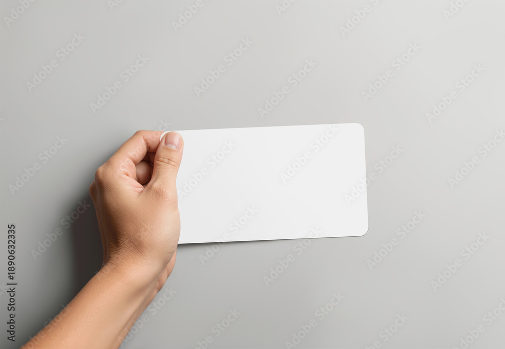 Obraz premium Hand sticking white rectangle sticker, grey background, ai generated