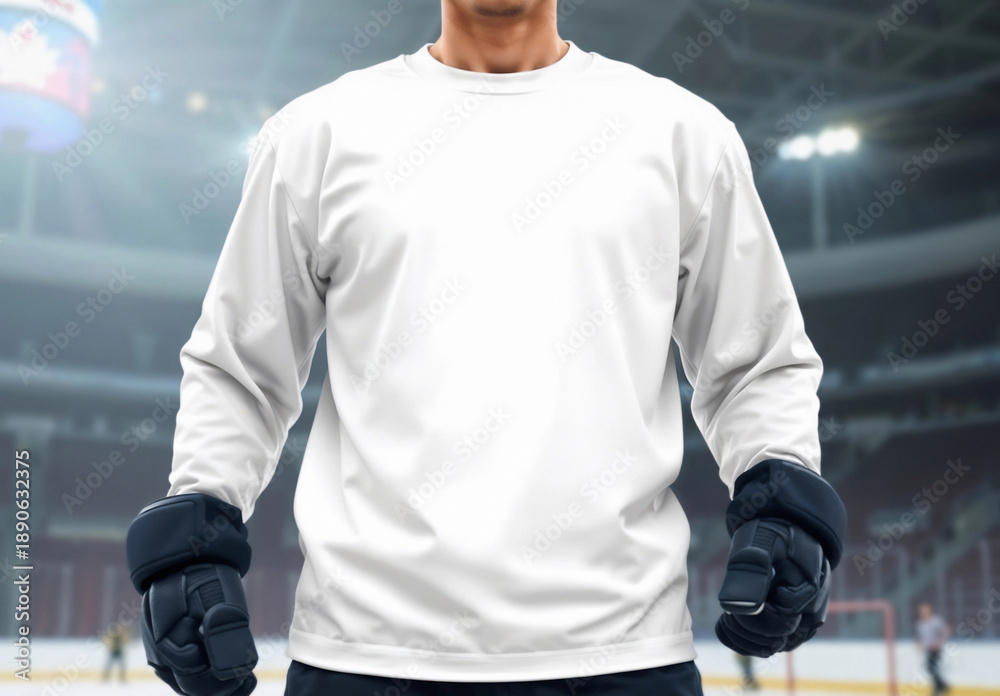 Fototapeta premium Blank white sport t-shirt on hockey player mockup, ai generated