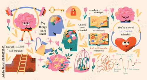 Growth mindset and fixed mindset comparison with brain, puzzle head, books, heart and motivational symbols on background. Flat illustration set. Personal development and mental health concept
