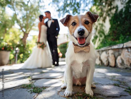 Wallpaper Mural Dog stands in a garden. A couple kisses in the background. Torontodigital.ca