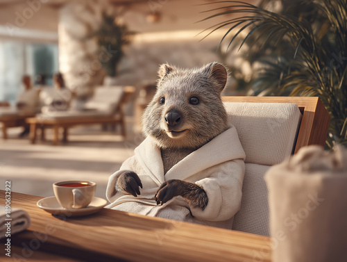 Wallpaper Mural Koala wearing a white robe sits at a cafe table. A cup of tea rests on the table beside the koala. Torontodigital.ca