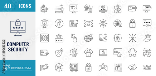 Computer Security icon set. Includes Firewall, Antivirus, Data Encryption, Password, Cyber Security, Security, Authentication, Privacy, and more. Vector illustration with editable strokes