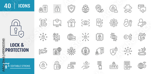 Lock icon set. Includes padlock, security, unlock, lock document, secured, biometric, chain, protect, secure. Vector illustration with editable strokes
