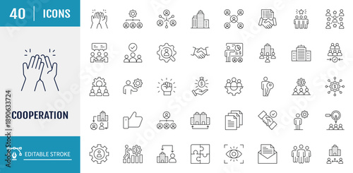 Cooperation icon set. Includes Cooperation, Collaboration, Teamwork, Partnership, Alliance, Joint Effort, Synergy and more. Vector illustration with editable strokes