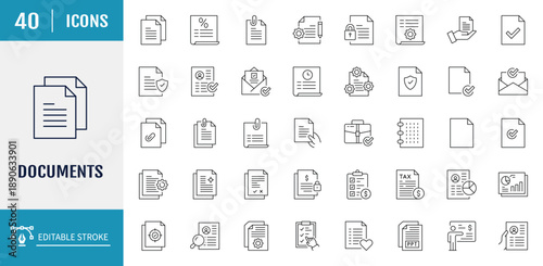 Document Icons set. Includes paper, document, archive, folder, legal document, clipboard, mail, and more. Vector illustration with editable strokes