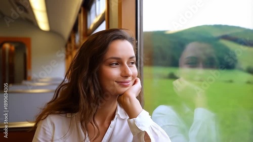 Woman looking out train window during trip through green hills