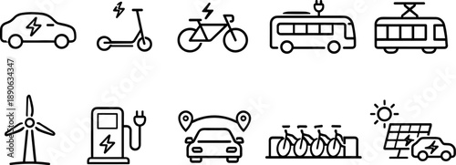 Collection of clean energy transportation icons including electric vehicles and renewable power sources