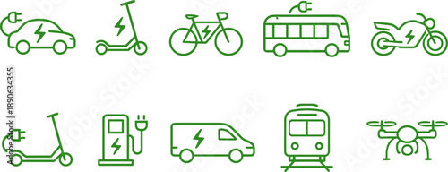 Collection of green line art icons representing various electric vehicles and transportation modes
