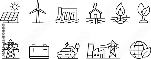 Collection of renewable and traditional energy source icons in a clean line art style