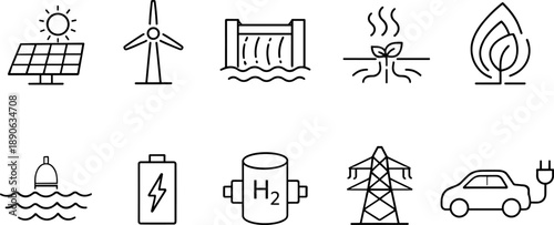 Collection of renewable energy and sustainable technology icons in a clean line art style